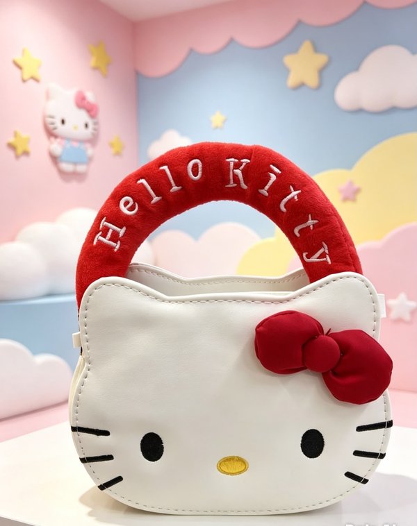 Bolso de Mano Hello Kitty con Asa Acolchada – Blanco y Rojo