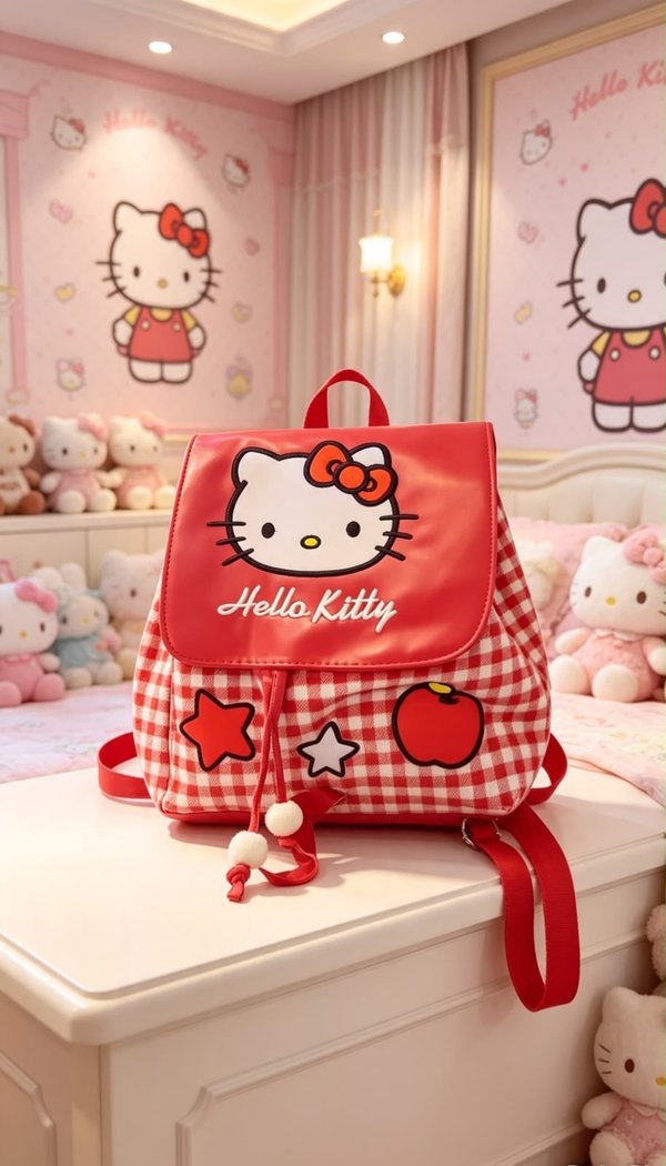 Mochila Hello Kitty Cuadrillé Roja