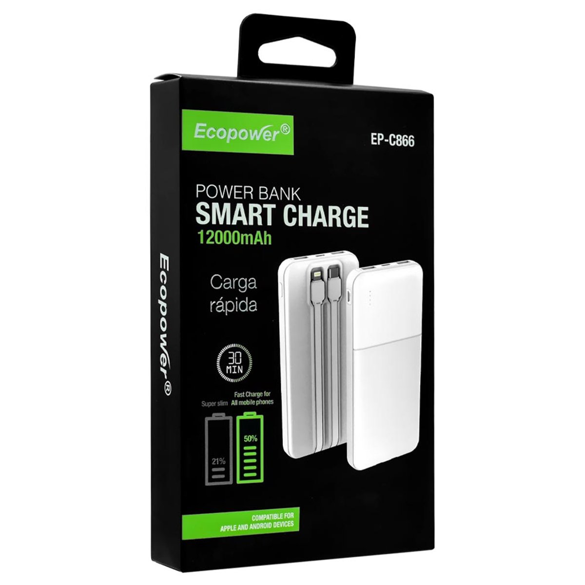 Cargador Portátil Powerbank Ecopower 12000mAh (Cables Incluidos) - 2
