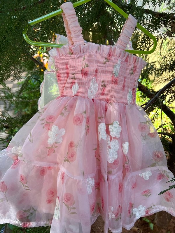 Vestido en tono rosa con detalles de flores y alas de mariposa 🦋