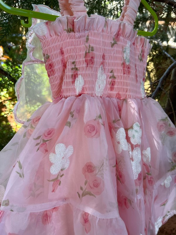 Vestido en tono rosa con detalles de flores y alas de mariposa 🦋