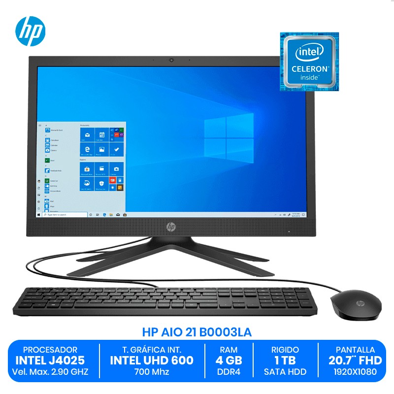 HP AIO 21-B0003LA / Intel Celeron J4025 / 4GB RAM DDR4 / 1TB HDD / Pantalla 20.7" FHD / Intel UHD Graphics 600