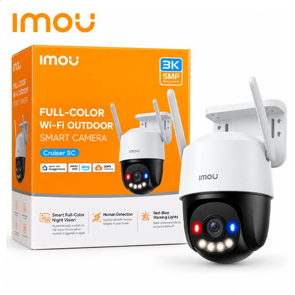 Imou Cruiser SC 5MP | Resolución 3K | Visión Nocturna Inteligente a Color | Detección Humana | Luces de Advertencia Roja y Azul | Google Home y Alexa | Wi-Fi | Compatible con MicroSD