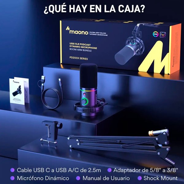 Micrófono Dinámico Maono PD200XS USB/XLR / Con Iluminación RGB y Brazo Articulado