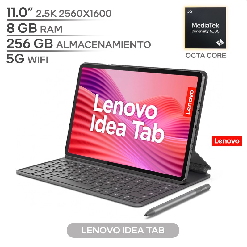 Tablet Lenovo Idea Tab / Pantalla 11.0" 2.5K (2560x1600) IPS / 8GB RAM / 256GB Almacenamiento / Cámaras 13 MP + 8 MP / Batería 7040 mAh / 5G + Wi-Fi
