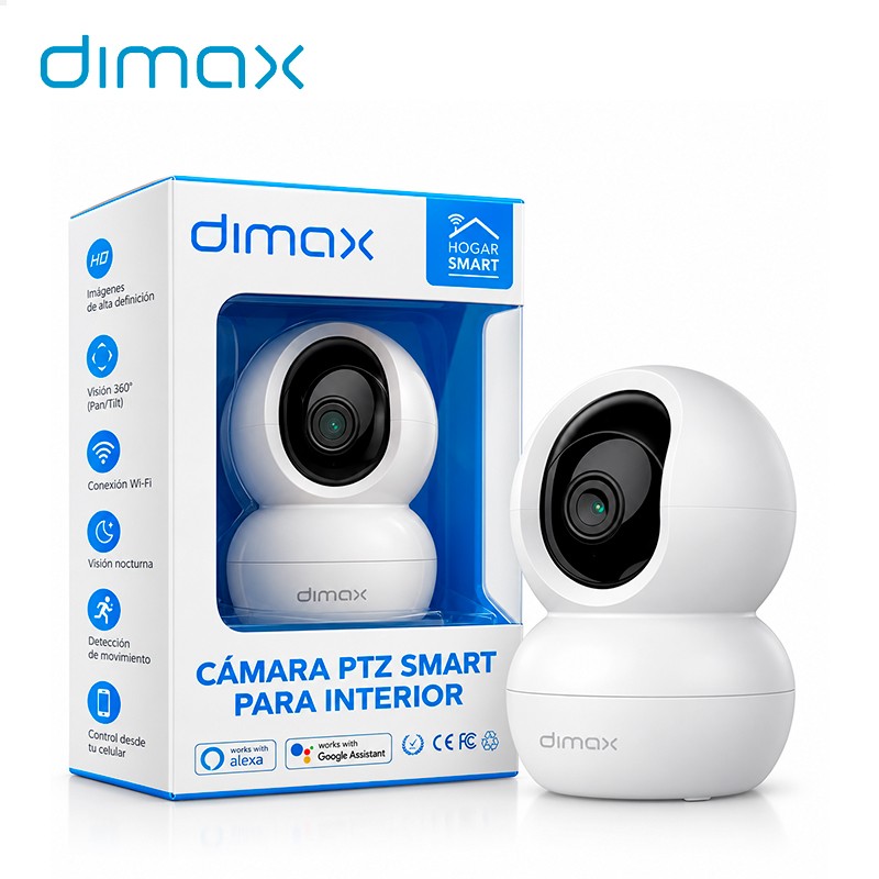 Dimax G104 PTZ Smart | Resolución 1080p Full HD (FHD) | Visión 360° Pan/Tilt | Conexión Wi-Fi | Visión Nocturna | Detección de Movimiento | Compatible con Alexa y Google Assistant | Compatible con MicroSD