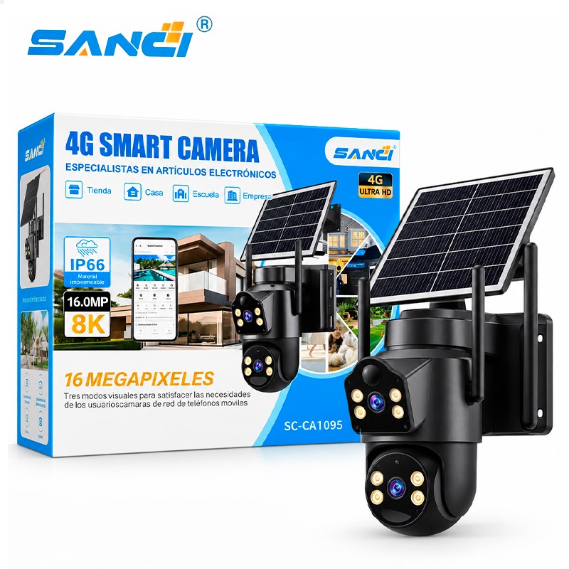 Sanci SC-CA1095 16MP (8K) | Panel Solar y Batería | Ranura para Chip 4G | IP66 Impermeable | Visión PTZ 360° | Compatible con MicroSD