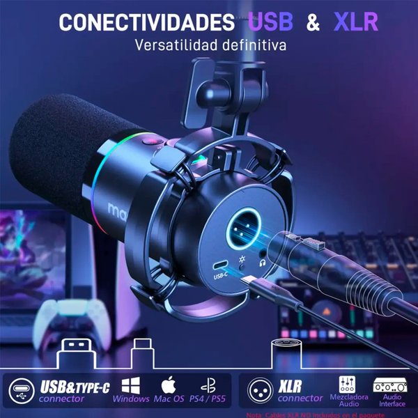Micrófono Dinámico Maono PD200XS USB/XLR / Con Iluminación RGB y Brazo Articulado