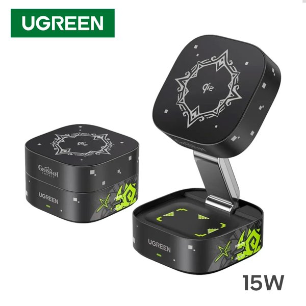 Cargador Inalámbrico Ugreen Genshin Impact 2 en 1 / 15W Qi2 / Soporte Magnético Plegable