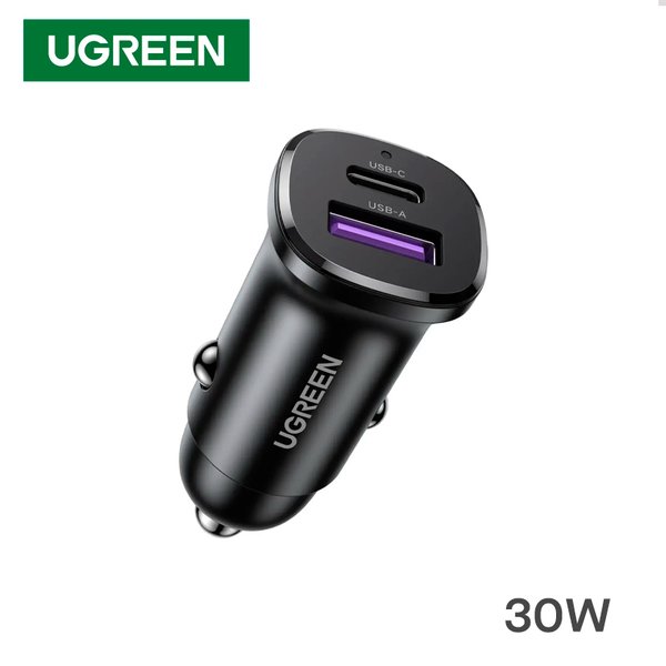 Cargador de Vehículo Ugreen / 30W / 2 Puertos (USB-C y USB-A) / Carga Rápida / Negro