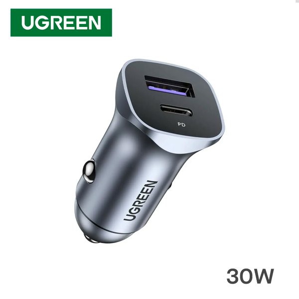Cargador de Vehículo Ugreen / PD 30W + SCP 22.5W / 2 Puertos (USB-C y USB-A) / Carga Rápida / Gris