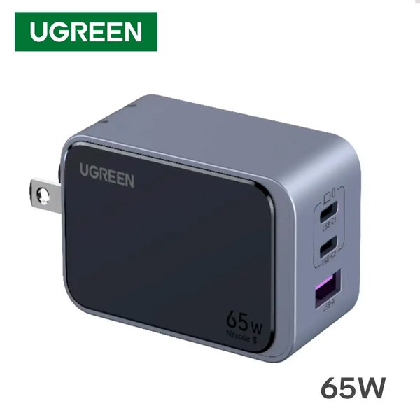 Cargador Ugreen 65W Nexode S / 3 Puertos (2x USB-C, 1x USB-A) / Carga Rápida GaN / Gris