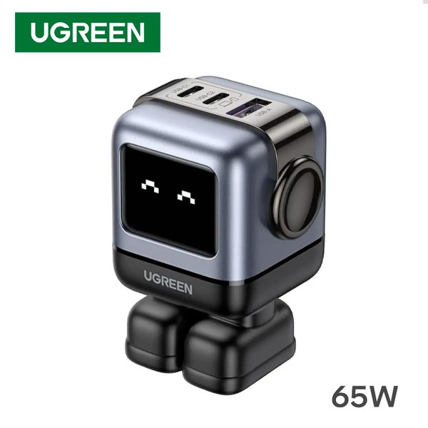 Cargador Ugreen Nexode RG 65W / 3 Puertos (2x USB-C, 1x USB-A) / Pantalla LED Robot / Gris
