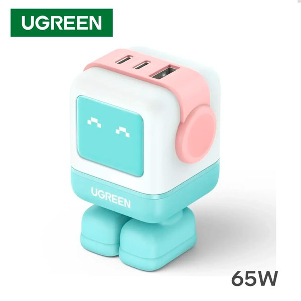 Cargador Ugreen Nexode RG 65W / 3 Puertos (2x USB-C, 1x USB-A) / Pantalla LED Robot / Rosa y Azu