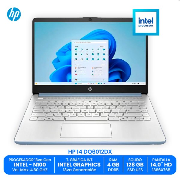 HP 14 DQ6012DX / Intel N100 / 4GB RAM DDR5 / 128GB SSD UFS / 14.0" HD