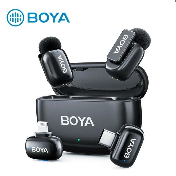 Mini Micrófono Inalámbrico Dual Boya / Set de 2 Micrófonos / USB-C y Lightning / Cancelación de Ruido con IA (3 Niveles) / Alcance de 100m
