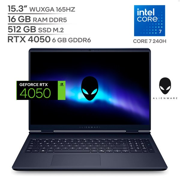 DELL ALIENWARE DA15260 / Intel CORE 7 240H / 16GB RAM DDR5 / 512GB SSD M.2 / 15.3" WUXGA 165Hz / RTX 4050 6GB / Teclado Luminoso