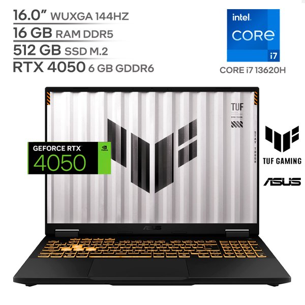 ASUS TUF GAMING F16 / Intel Core i7-13620H / 16GB RAM DDR5 / 512GB SSD M.2 / 16.0" WUXGA 144Hz / RTX 4050 6GB / Teclado Luminoso