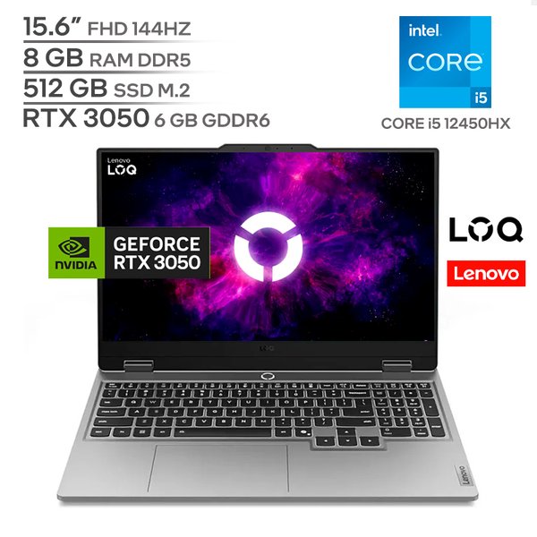 LENOVO LOQ 151AX9 / Intel Core i5-12450HX / 8GB RAM DDR5 / 512GB SSD M.2 / 15.6" FHD 144Hz / RTX 3050 6GB / Teclado Luminoso