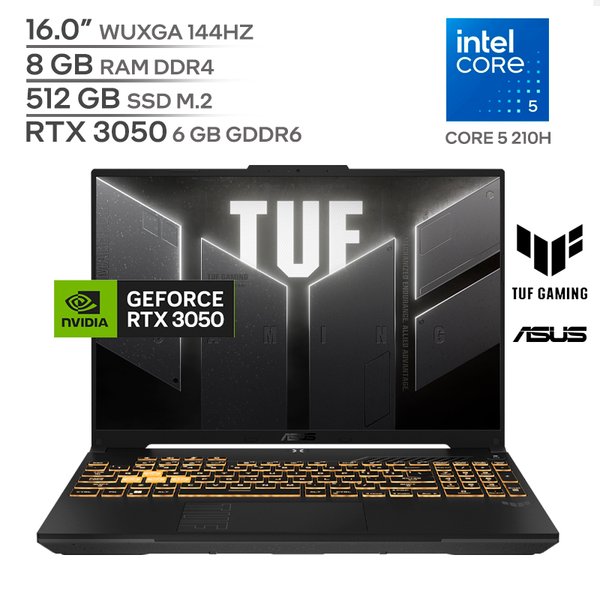 ASUS TUF GAMING F16 / Intel CORE 5 210H / 8GB RAM DDR4 / 512GB SSD M.2 / 16.0" WUXGA 144Hz / RTX 3050 6GB / Teclado Luminoso