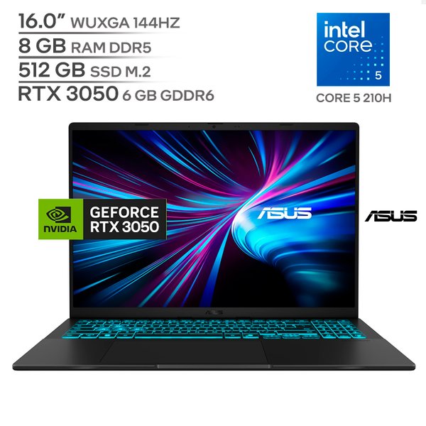 ASUS GAMING V16 V3607VJ / Intel CORE 5 210H / 8GB RAM DDR5 / 512GB SSD M.2 / 16.0" WUXGA 144Hz / RTX 3050 6GB / Teclado Luminoso
