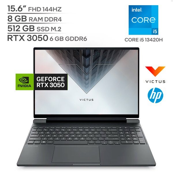 HP VICTUS 15 FA2013DX / Intel Core i5-13420H / 8GB RAM DDR4 / 512GB SSD M.2 / 15.6" FHD 144Hz / RTX 3050 6GB / Teclado Luminoso