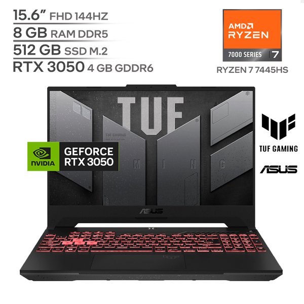 ASUS TUF GAMING A15 / AMD Ryzen 7 7445HS / 8GB RAM DDR5 / 512GB SSD M.2 / 15.6" FHD 144Hz / RTX 3050 4GB / Teclado Luminoso