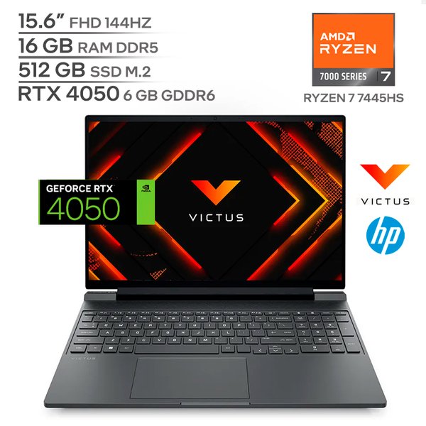 HP VICTUS 15-FB3093DX / AMD Ryzen 7 7445HS / 16GB RAM DDR5 / 512GB SSD M.2 / 15.6" FHD 144Hz / RTX 4050 6GB / Teclado Luminoso