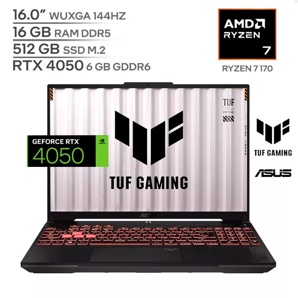 ASUS TUF GAMING A16 / AMD Ryzen 7 170 / 16GB RAM DDR5 / 512GB SSD M.2 / 16.0" WUXGA 144Hz / RTX 4050 6GB / Teclado Luminoso