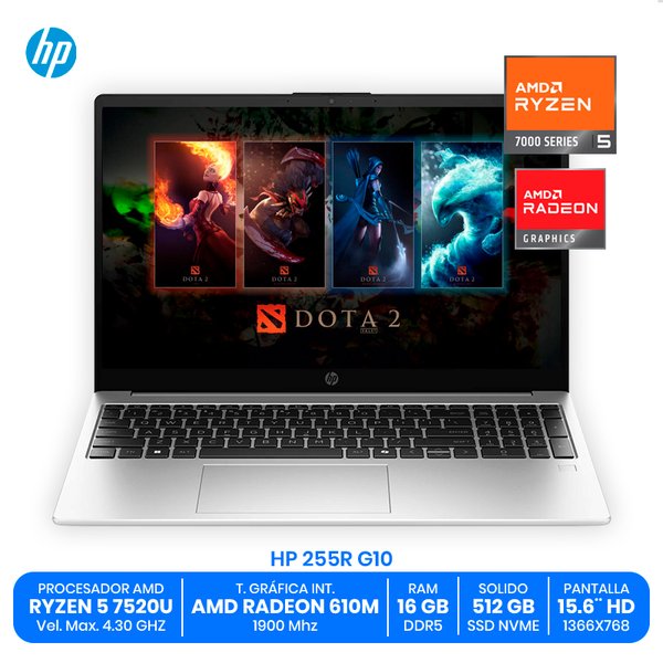 HP 255R G10 / AMD Ryzen 5 7520U / 16GB RAM LPDDR5 / 512GB SSD NVMe / 15.6" HD