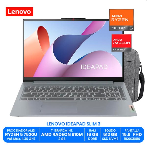 LENOVO IDEAPAD SLIM 3 / AMD Ryzen 5 7520U / 16GB RAM LPDDR5 / 512GB SSD NVMe / 15.6" FHD / Maletín Lenovo