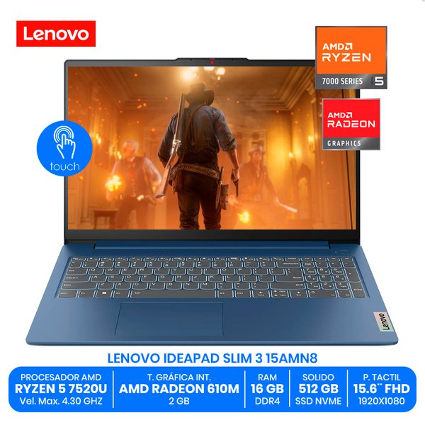 LENOVO IDEAPAD SLIM 3 15AMN8 / AMD Ryzen 5 7520U / 16GB RAM LPDDR5 / 512GB SSD NVMe / 15.6" FHD Táctil