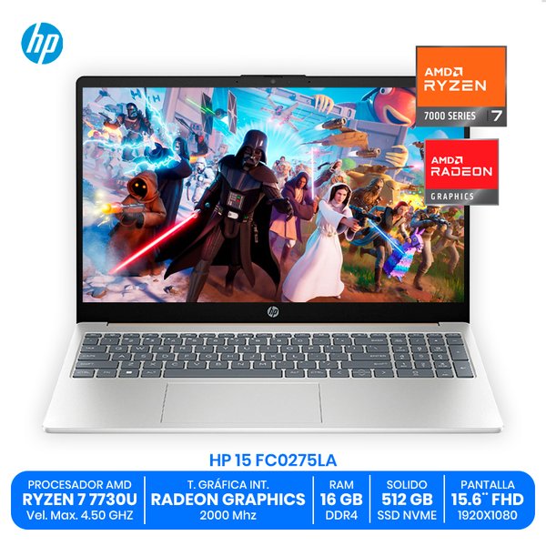 HP 15 FC0275LA / AMD Ryzen 7 7730U / 16GB RAM DDR4 / 512GB SSD NVMe / 15.6" FHD