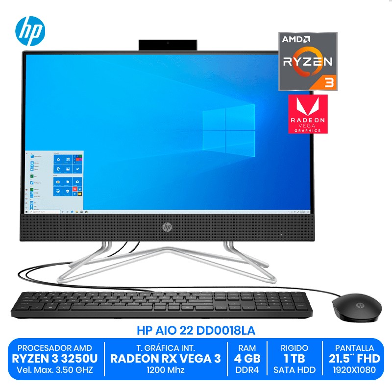 HP AIO 22 DD0018LA / AMD Ryzen 3 3250U / 4GB RAM DDR4 / 1TB HDD / Pantalla 21.5" FHD / AMD Radeon RX Vega 3