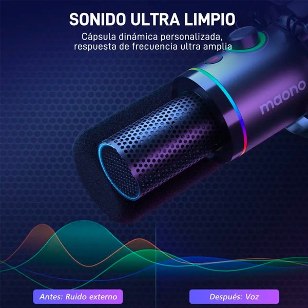 Micrófono Dinámico Maono PD200XS USB/XLR / Con Iluminación RGB y Brazo Articulado
