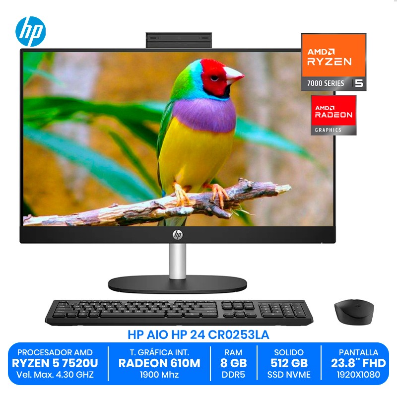 HP AIO 24 CR0253LA / AMD Ryzen 5 7520U / 8GB RAM DDR5 / 512GB SSD NVMe / Pantalla 23.8" FHD / AMD Radeon 610M