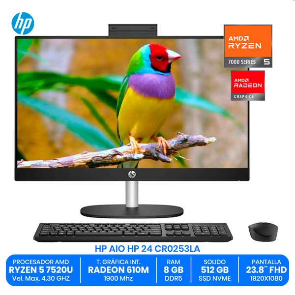 HP AIO 24 CR0253LA / AMD Ryzen 5 7520U / 8GB RAM DDR5 / 512GB SSD NVMe / Pantalla 23.8" FHD / AMD Radeon 610M