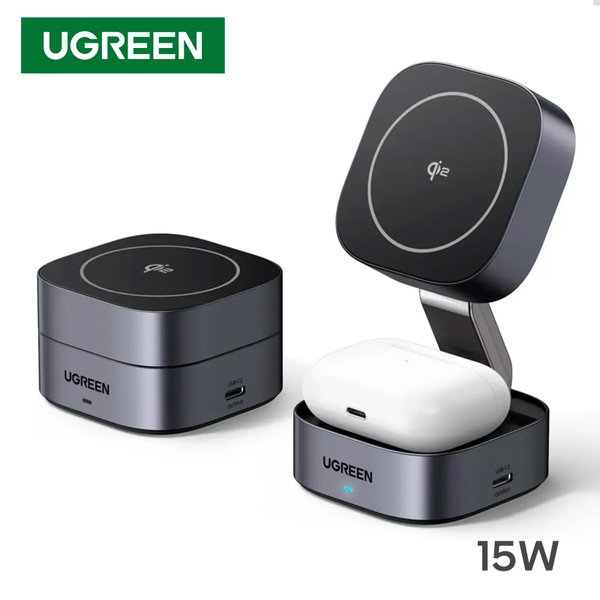 Cargador Inalámbrico Magnético Ugreen 2 en 1 / 15W Qi2 / Soporte Plegable / Gris