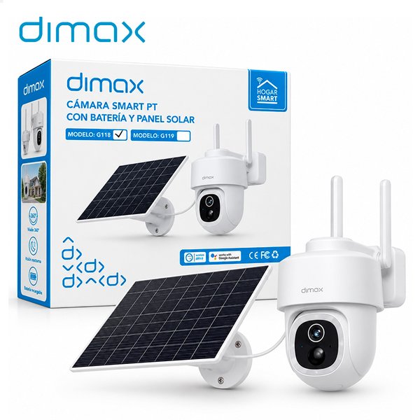 Dimax G118 PTZ | Batería 10,400 mAh con Panel Solar | Ranura para Chip de Teléfono | Visión 360° Pan/Tilt | Visión Nocturna | Compatible con Alexa y Google Assistant | Compatible con MicroSD