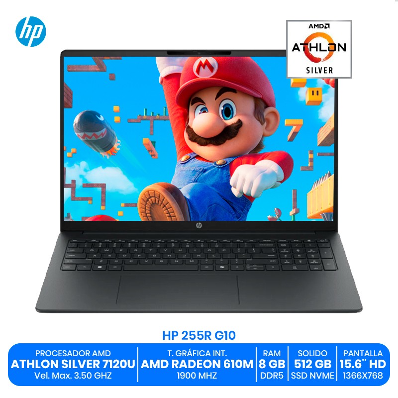 HP 255R G10 / AMD Athlon Silver 7120U / 8GB RAM DDR5 / 512GB SSD NVMe / Pantalla 15.6" HD / AMD Radeon 610M