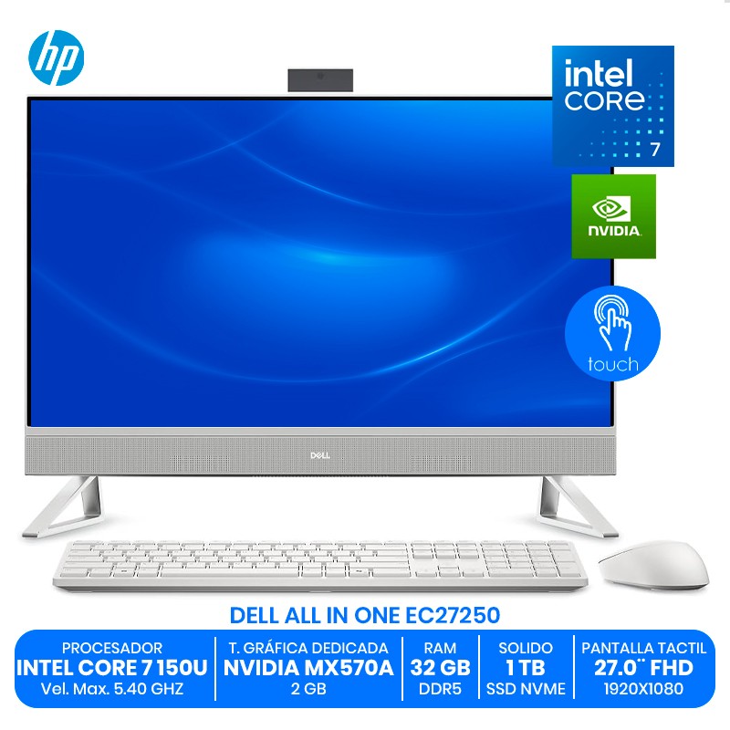 Todo en Uno Dell All In One EC27250 / Intel Core 7 150U / 32GB RAM DDR5 / 1TB SSD NVMe / Gráfica Dedicada NVIDIA MX570A 2GB / Pantalla Táctil 27.0" FHD
