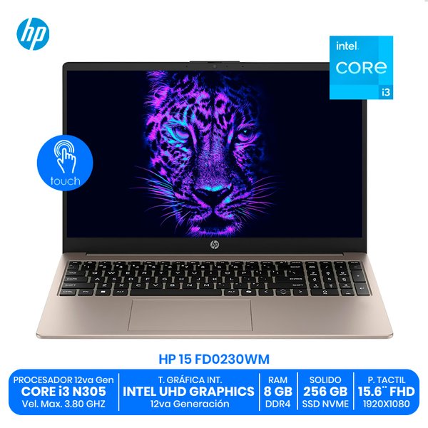 HP 15 FD0230WM / Intel Core i3-N305 / 8GB RAM DDR4 / 256GB SSD NVMe / 15.6" FHD Táctil