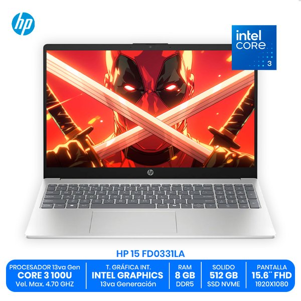 HP 15 FD0331LA / Intel Core 3 100U / 8GB RAM DDR5 / 512GB SSD NVMe / 15.6" FHD