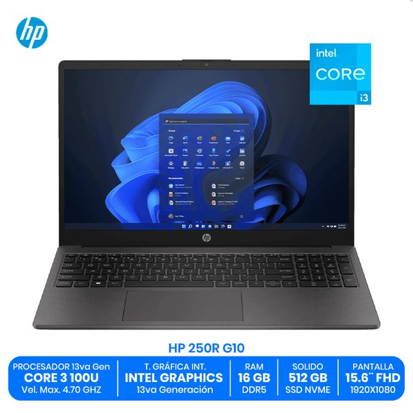 HP 250R G10 / Intel Core 3 100U / 16GB RAM DDR5 / 512GB SSD NVMe / 15.6" FHD