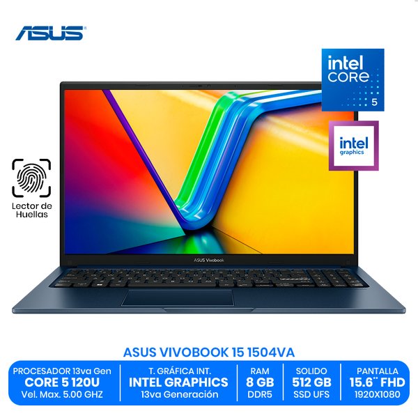 ASUS VIVOBOOK 15 1504VA / Intel Core 5 120U / 8GB RAM DDR5 / 512GB SSD UFS / 15.6" FHD / Lector de Huella