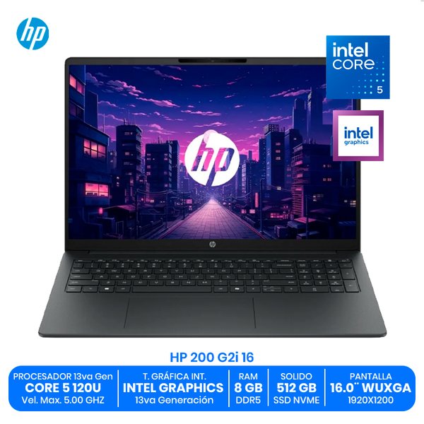 HP 200 G2i 16 / Intel Core 5 120U / 8GB RAM DDR5 / 512GB SSD M.2 / 16.0" WUXGA / Wi-Fi 6 / Cámara 1080p