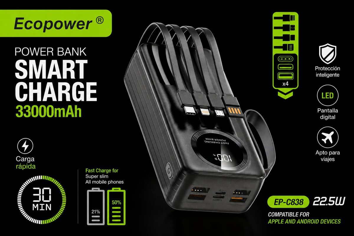 Cargador portatil Ecopower de Alta Capacidad 33000mAh
