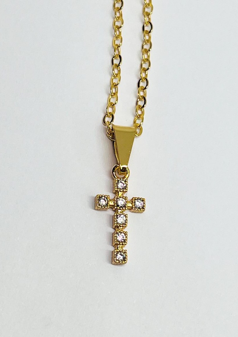 Cadena Bañada en Oro y Dije Cruz con Cristales 