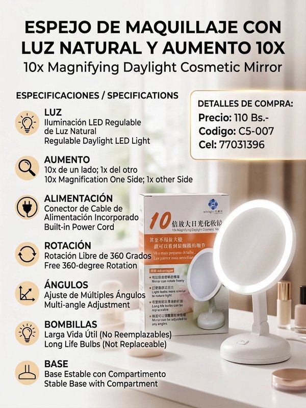Espejo de Maquillaje con Luz LED Natural Regulable y Doble Cara con Aumento 10X