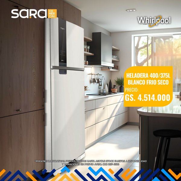Heladera Whirlpool 400/375L Blanco Frio Seco Panela Touch 